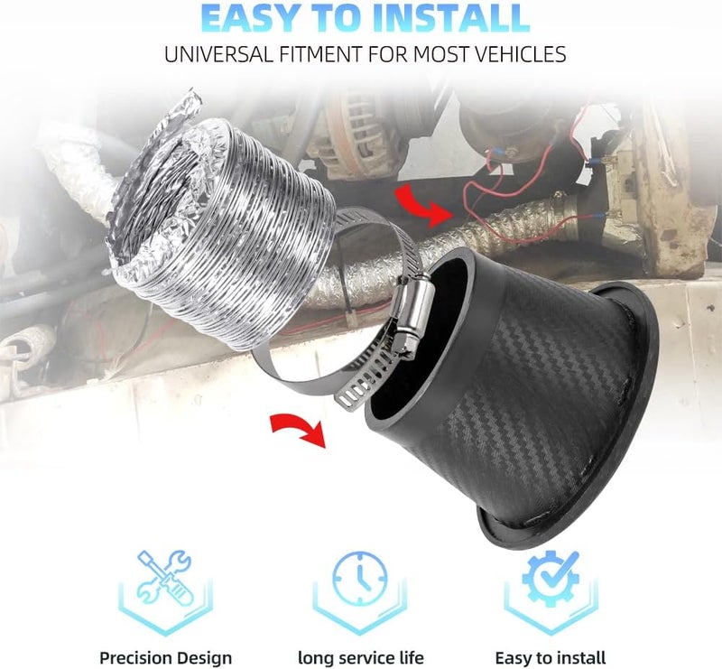 BARTOO Air Intake Duct Front Bumper Turbo Air Intake Pipe, Carbon Fiber Car Round Brake Air Duct with Extendable Flexible Hose and Hose Band - Image 3